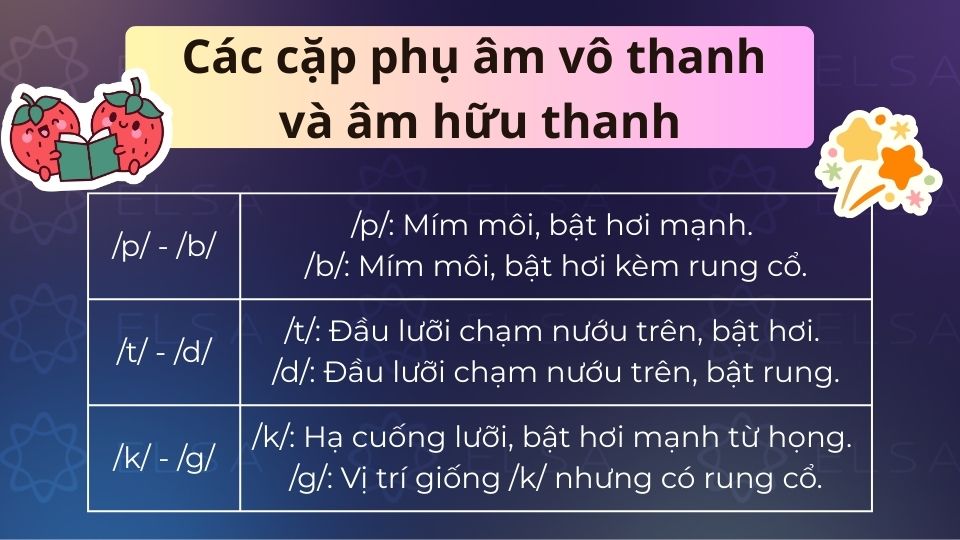 Các cặp phụ âm vô thanh và hữu thanh là những cặp âm có vị trí đặt môi, lưỡi giống hệt nhau