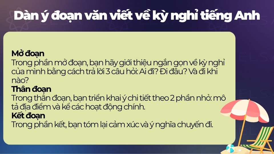 Dàn ý đoạn văn viết về kỳ nghỉ bằng tiếng Anh Dàn ý đoạn văn viết về kỳ nghỉ bằng tiếng Anh