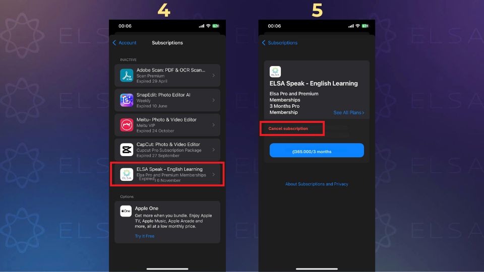 Hướng dẫn cách hủy gói học ELSA Speak qua App trên iPhone - bước 4, 5 Hướng dẫn cách hủy gói học ELSA Speak qua App trên iPhone - bước 4, 5