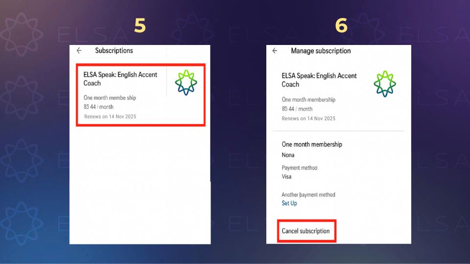 Hướng dẫn cách hủy gói học ELSA Speak qua App trên Android - bước 5, 6 Hướng dẫn cách hủy gói học ELSA Speak qua App trên Android - bước 5, 6