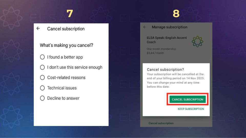 Hướng dẫn cách hủy gói học ELSA Speak qua App trên Android - bước 7, 8 Hướng dẫn cách hủy gói học ELSA Speak qua App trên Android - bước 7, 8
