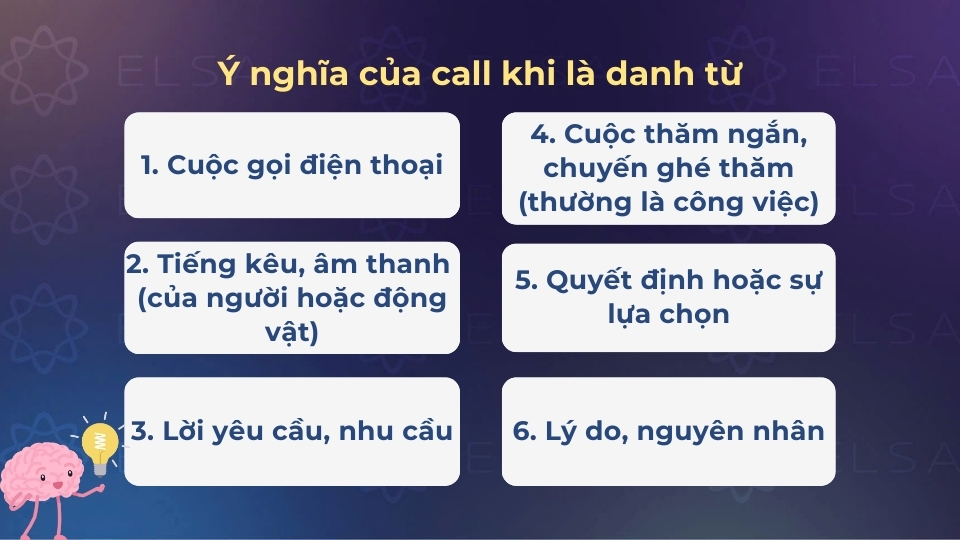 Call có nhiều ý nghĩa khác nhau khi là danh từ