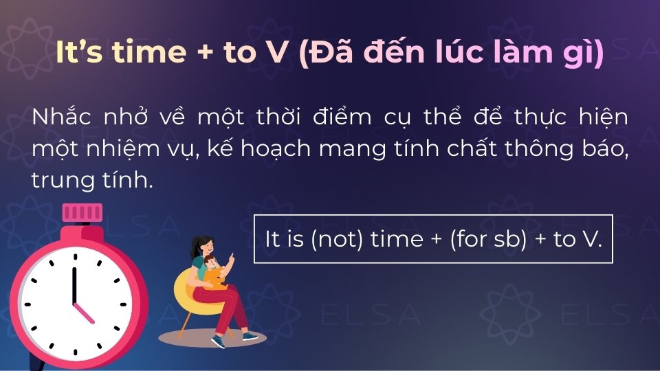 It’s time + to V dùng để nhắc rằng đã đến thời điểm phù hợp để thực hiện một hành động
