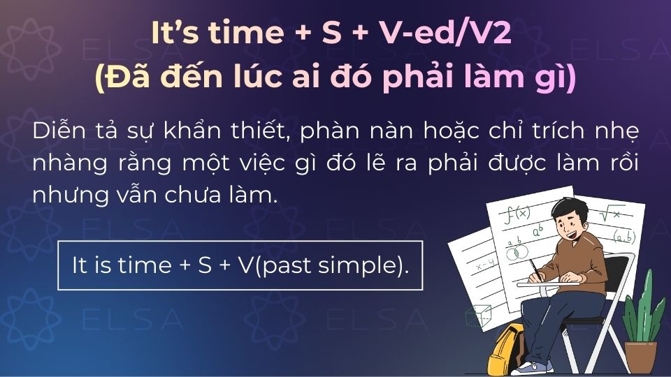 It’s time + S + V-ed/V2 dùng để thúc giục hoặc phàn nàn nhẹ rằng ai đó lẽ ra phải làm việc đó rồi