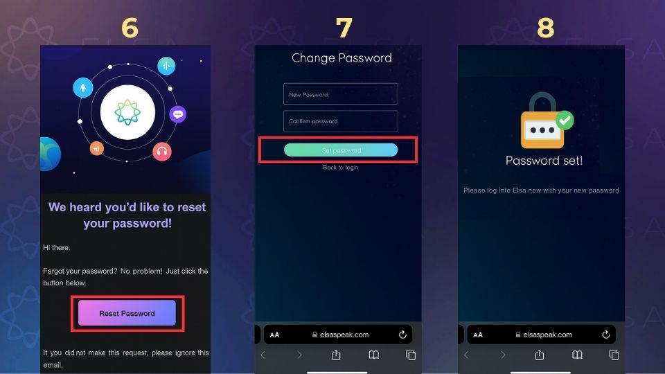 Cách lấy lại mật khẩu ELSA Speak trên app - bước 6,7,8