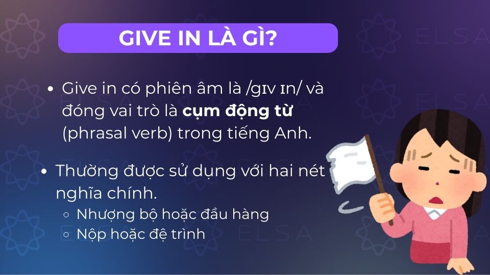 Give in thường được sử dụng với hai nét nghĩa chính Give in thường được sử dụng với hai nét nghĩa chính
