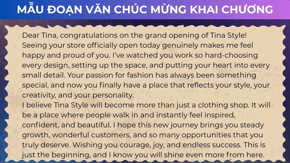 Mẫu đoạn văn chúc mừng khai chương bằng tiếng Anh - Đoạn văn 1