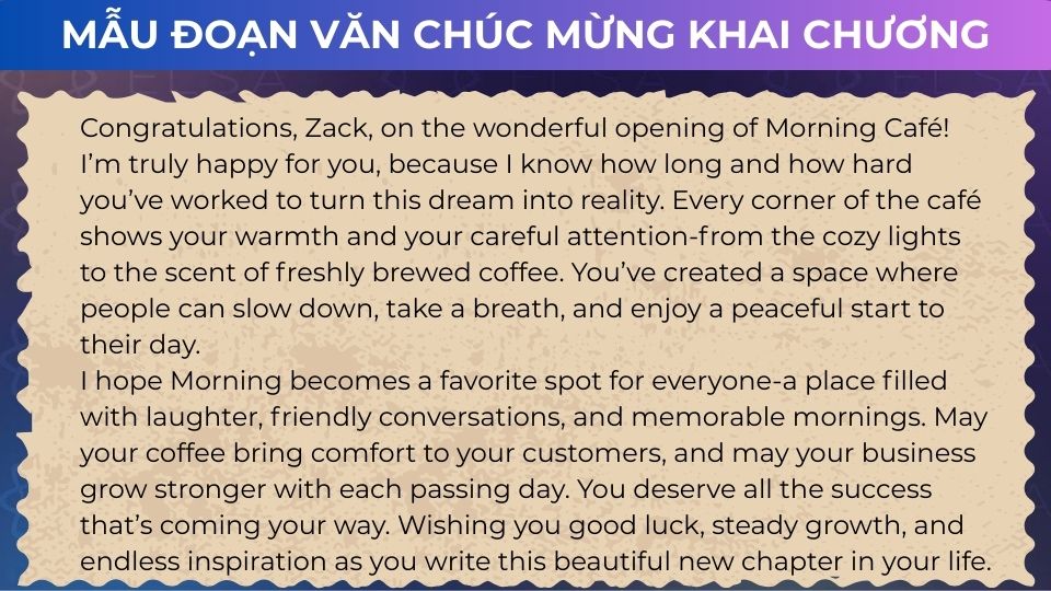 Mẫu đoạn văn chúc mừng khai chương bằng tiếng Anh - Đoạn văn 2