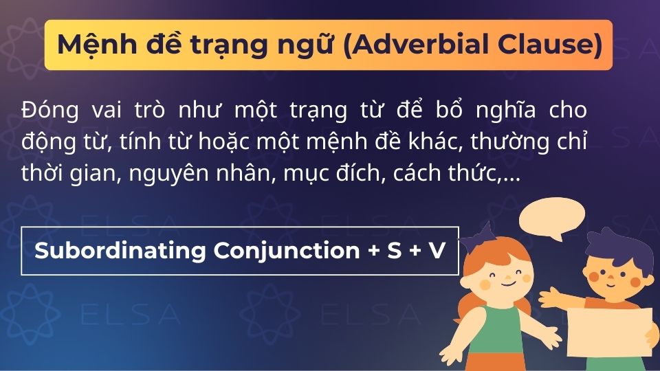 Mệnh đề trạng ngữ là mệnh đề phụ dùng để bổ nghĩa cho động từ, tính từ hoặc cả câu