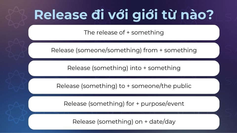Release thường đi với các giới từ of, from, into, to, for và on