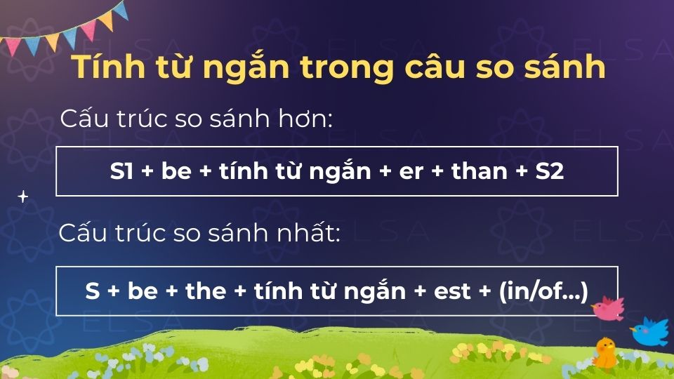 Tính từ ngắn trong câu so sánh được dùng bằng cách thêm -er hoặc -est để diễn đạt mức độ hơn và nhất Tính từ ngắn trong câu so sánh được dùng bằng cách thêm -er hoặc -est để diễn đạt mức độ hơn và nhất
