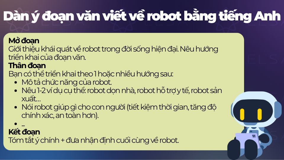 Dàn ý của đoạn văn viết về robot bằng tiếng Anh Dàn ý của đoạn văn viết về robot bằng tiếng Anh