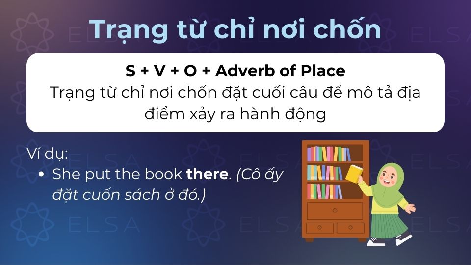 Trạng từ chỉ nơi chốn khi đứng cuối câu để mô tả địa điểm xảy ra hành động