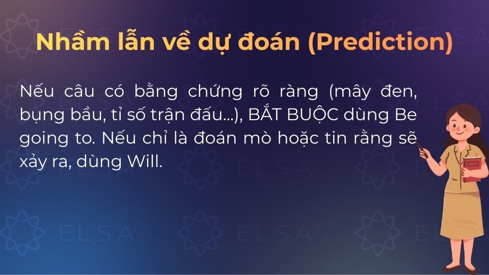 Dùng Be going to khi có bằng chứng rõ ràng, dùng Will khi chỉ là đoán mò chủ quan Dùng Be going to khi có bằng chứng rõ ràng, dùng Will khi chỉ là đoán mò chủ quan