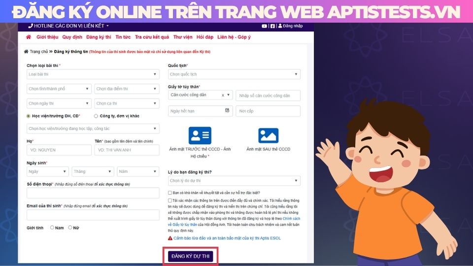 Đăng ký online trên trang web Aptistests.vn