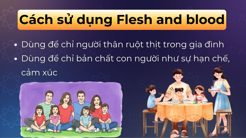 Flesh and blood dùng chỉ người thân ruột thịt hoặc nhấn mạnh bản chất con người có giới hạn
