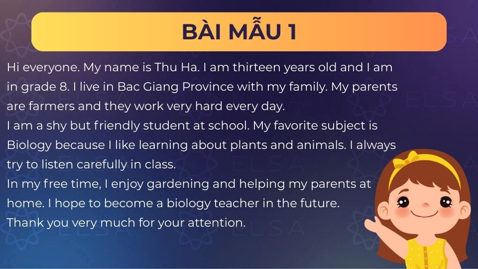 Giới thiệu bản thân bằng tiếng Anh lớp 8 dễ nhớ - Mẫu 1