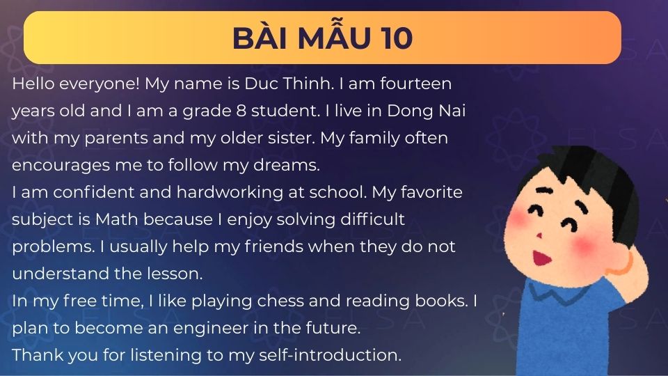Giới thiệu bản thân bằng tiếng Anh lớp 8 dễ nhớ - Mẫu 10