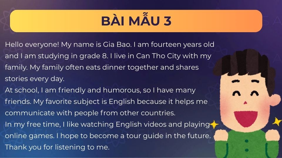 Giới thiệu bản thân bằng tiếng Anh lớp 8 dễ nhớ - Mẫu 3