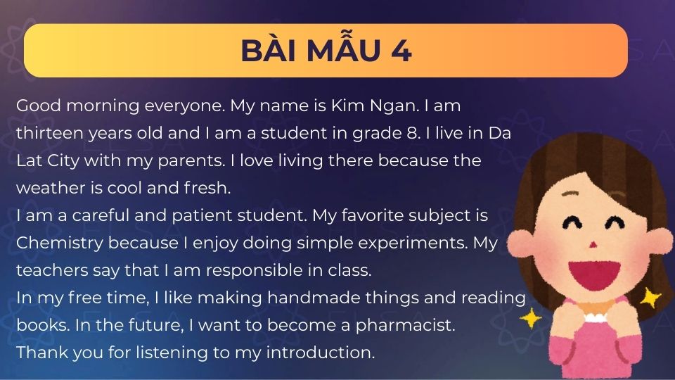 Giới thiệu bản thân bằng tiếng Anh lớp 8 dễ nhớ - Mẫu 4