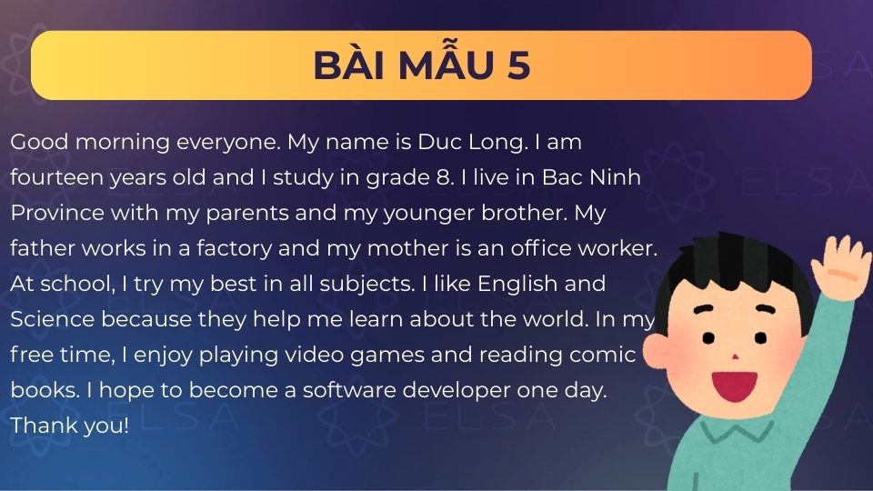 Giới thiệu bản thân bằng tiếng Anh lớp 8 dễ nhớ - Mẫu 5