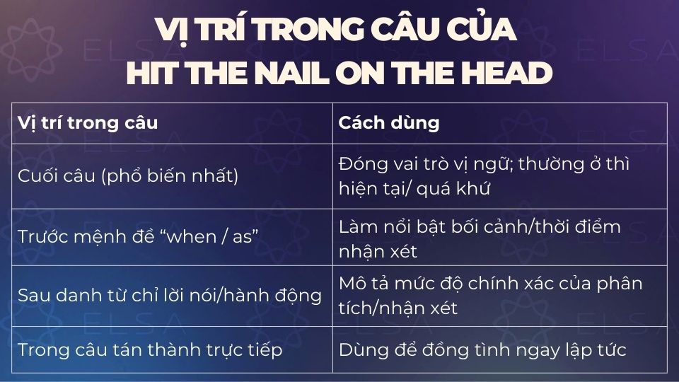 Vị trí của thành ngữ hit the nail on the head trong câu