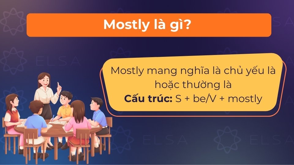Mostly là trạng từ mang nghĩa chủ yếu là hoặc thường là, dùng để chỉ tính chất đặc trưng