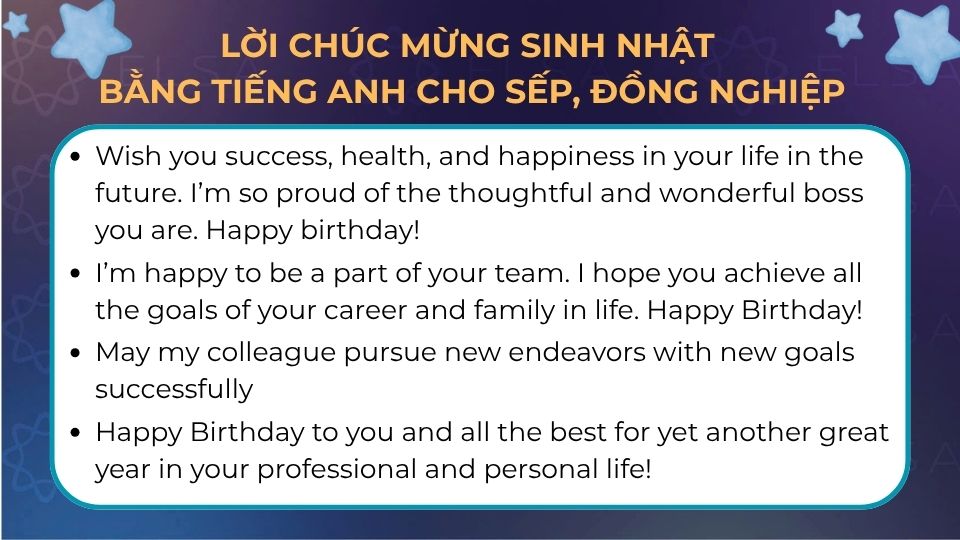 Lời chúc mừng sinh nhật bằng tiếng Anh cho sếp, đồng nghiệp