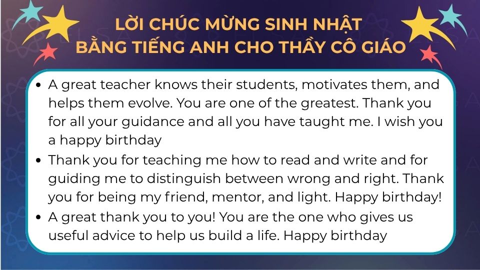 Lời chúc mừng sinh nhật bằng tiếng Anh cho thầy cô giáo