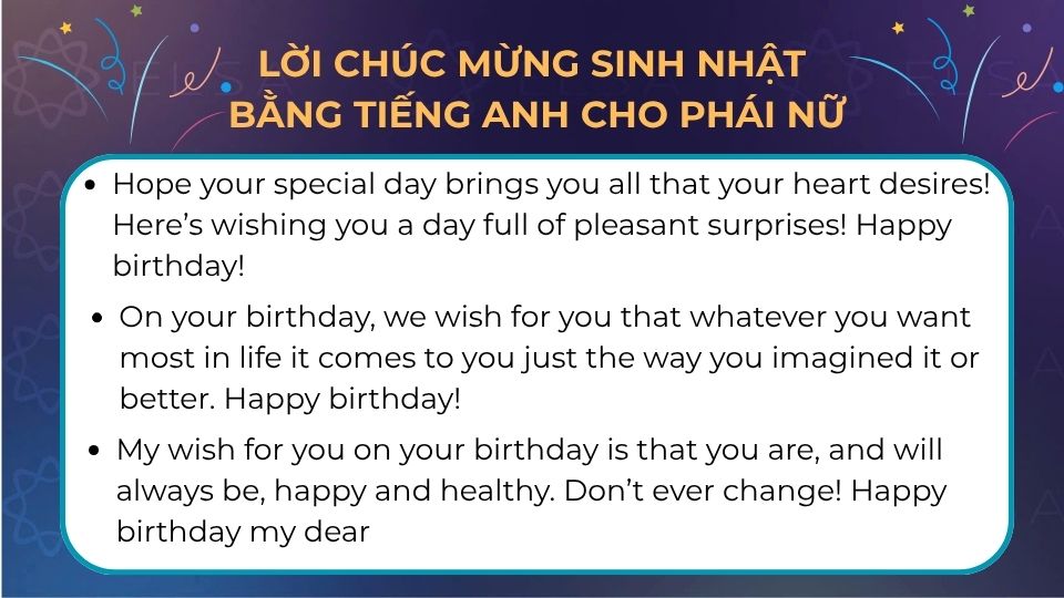 Lời chúc mừng sinh nhật bằng tiếng Anh cho phái nữ