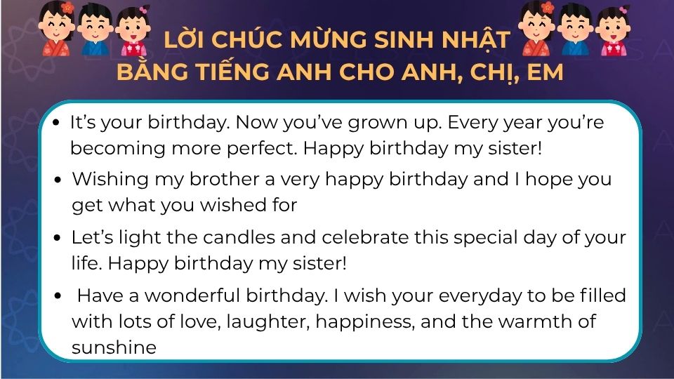 Lời chúc mừng sinh nhật bằng tiếng Anh cho anh, chị, em
