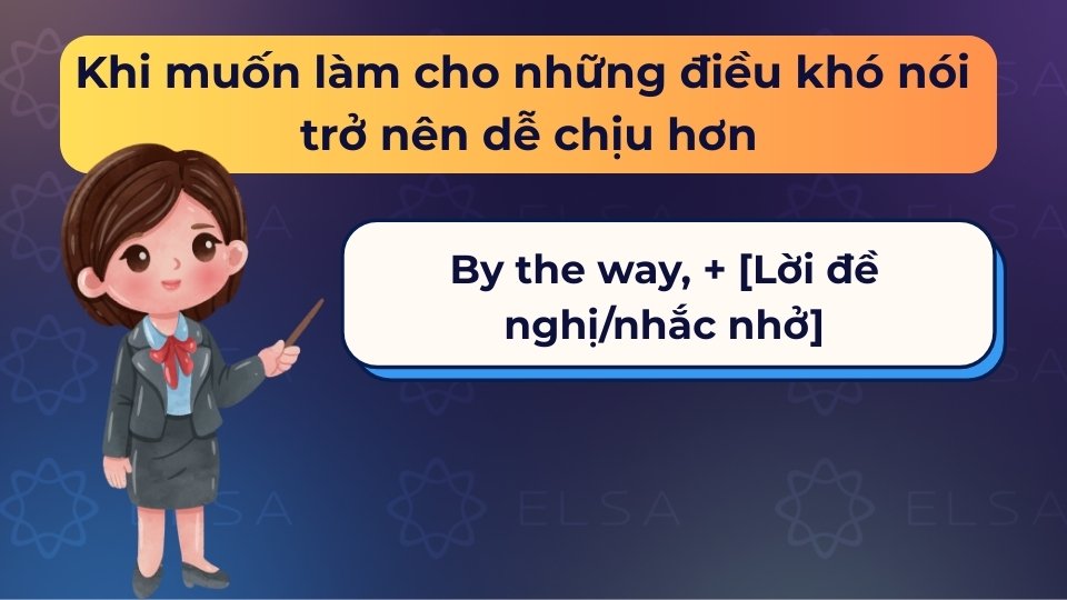 Dùng by the way như lời dẫn nhẹ nhàng để giảm bớt sự đột ngột khi đưa ra yêu cầu tế nhị