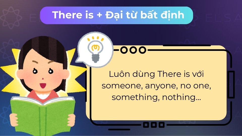 Dùng There is với các đại từ bất định như someone, something, anyone hoặc nothing Dùng There is với các đại từ bất định như someone, something, anyone hoặc nothing