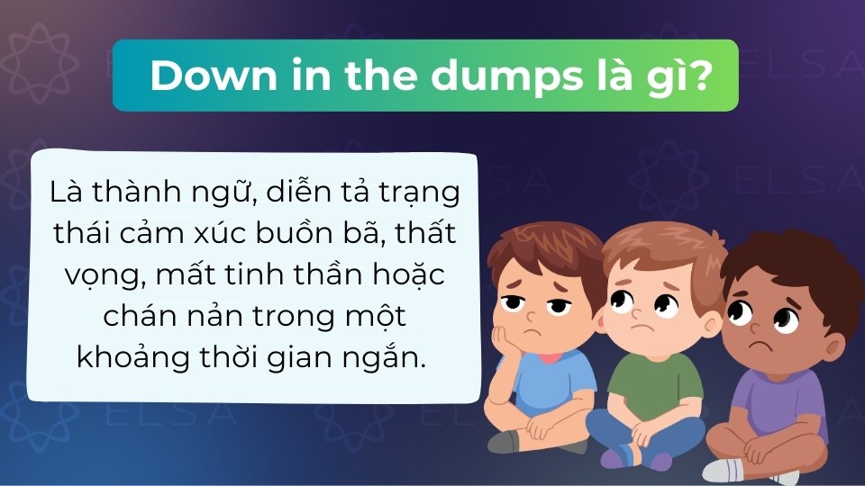 Down in the dumps là thành ngữ chỉ trạng thái buồn bã, chán nản hoặc thất vọng Down in the dumps là thành ngữ chỉ trạng thái buồn bã, chán nản hoặc thất vọng