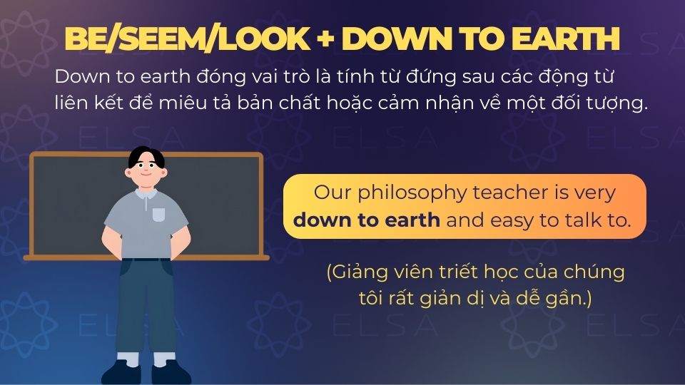 Câu ví dụ be/seem/look + down to earth
