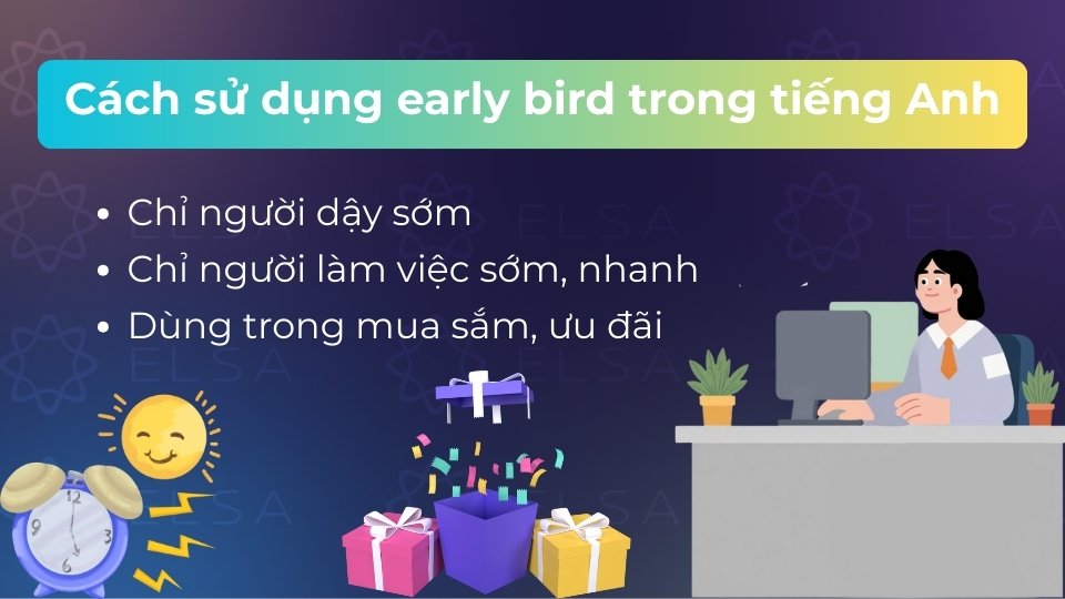 Early bird dùng làm danh từ chỉ người dậy sớm hoặc tính từ chỉ các ưu đãi khi mua hàng sớm