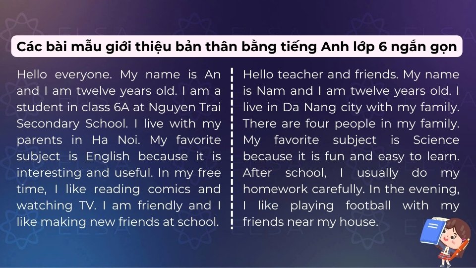 Một số bài mẫu giới thiệu bản thân bằng tiếng Anh lớp 6 ngắn gọn Một số bài mẫu giới thiệu bản thân bằng tiếng Anh lớp 6 ngắn gọn