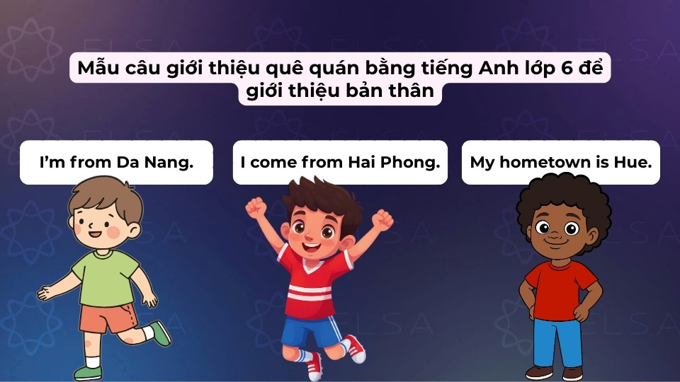 Mẫu câu giới thiệu quê quán dùng để giới thiệu bản thân bằng tiếng Anh lớp 6 Mẫu câu giới thiệu quê quán dùng để giới thiệu bản thân bằng tiếng Anh lớp 6