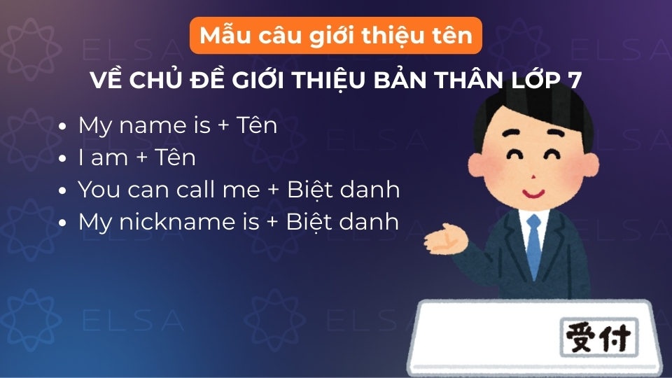 Mẫu câu giới thiệu tên trong bài giới thiệu bản thân bằng tiếng Anh lớp 7