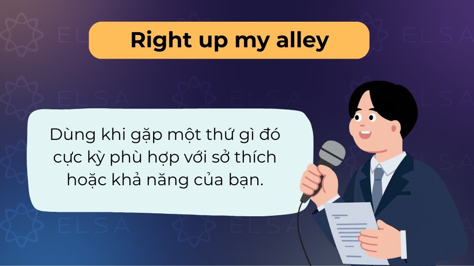 Right up my alley dùng để chỉ thứ gì đó cực kỳ đúng gu, đúng sở trường hoặc sở thích