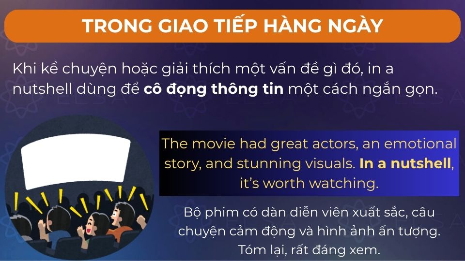 Câu ví dụ in a nutshell sử dụng trong ngữ cảnh giao tiếp hàng ngày