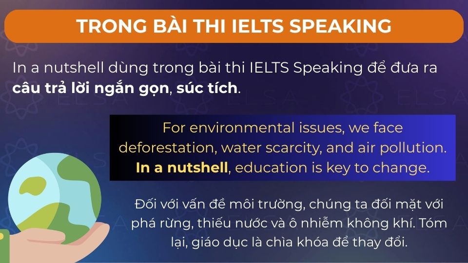 Câu ví dụ in a nutshell sử dụng trong ngữ cảnh bài thi IELTS Speaking