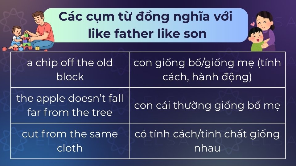 Cụm từ tương đồng gồm A chip off the old block hay The apple doesn't fall far from the tree Cụm từ tương đồng gồm A chip off the old block hay The apple doesn't fall far from the tree