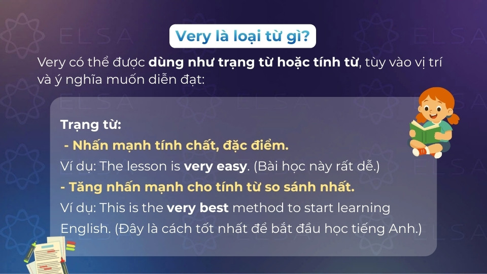 Khi là trạng từ, very dùng để nhấn mạnh tính chất hoặc tính từ so sánh nhất Khi là trạng từ, very dùng để nhấn mạnh tính chất hoặc tính từ so sánh nhất