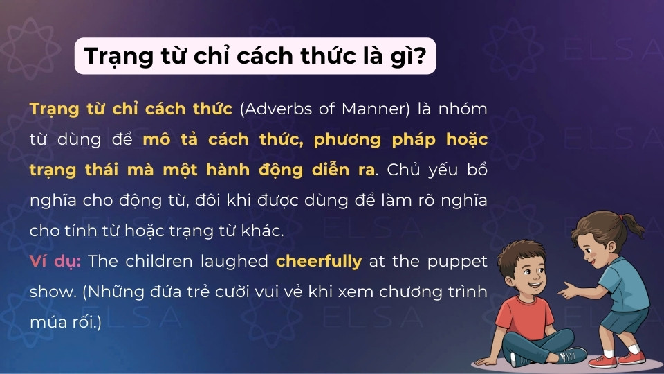 Trạng từ chỉ cách thức là nhóm từ dùng để mô tả cách thức, phương pháp mà một hành động diễn ra Trạng từ chỉ cách thức là nhóm từ dùng để mô tả cách thức, phương pháp mà một hành động diễn ra