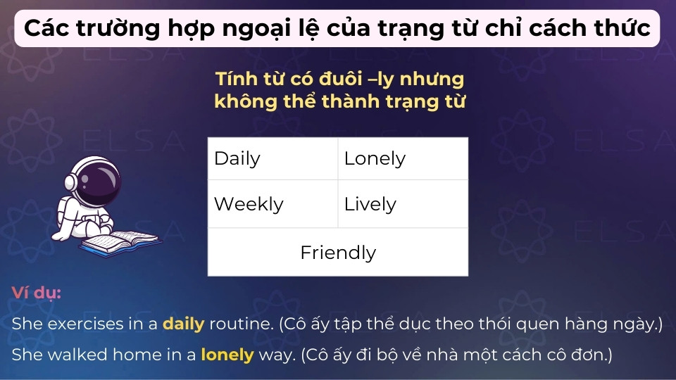 Trường hợp đặc biệt của trạng từ chỉ cách thức khi tính từ có đuôi –ly nhưng không thể thành trạng từ Trường hợp đặc biệt của trạng từ chỉ cách thức khi tính từ có đuôi –ly nhưng không thể thành trạng từ