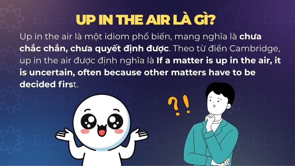 Up in the air nghĩa là chưa chắc chắn Up in the air nghĩa là chưa chắc chắn