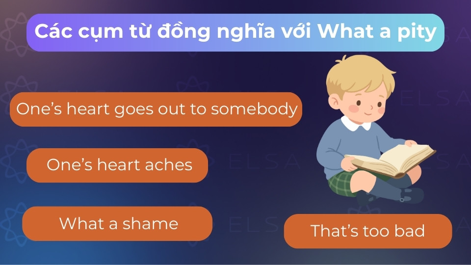 Các cụm từ đồng nghĩa với What a pity là One’s heart goes out to somebody, One’s heart aches,...
