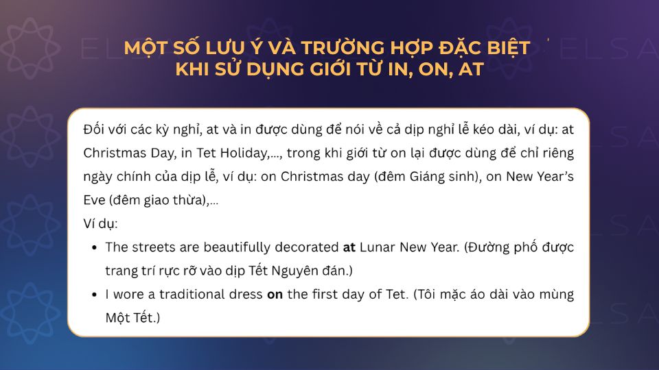 Một số lưu ý khi sử dụng giới từ in, on, at