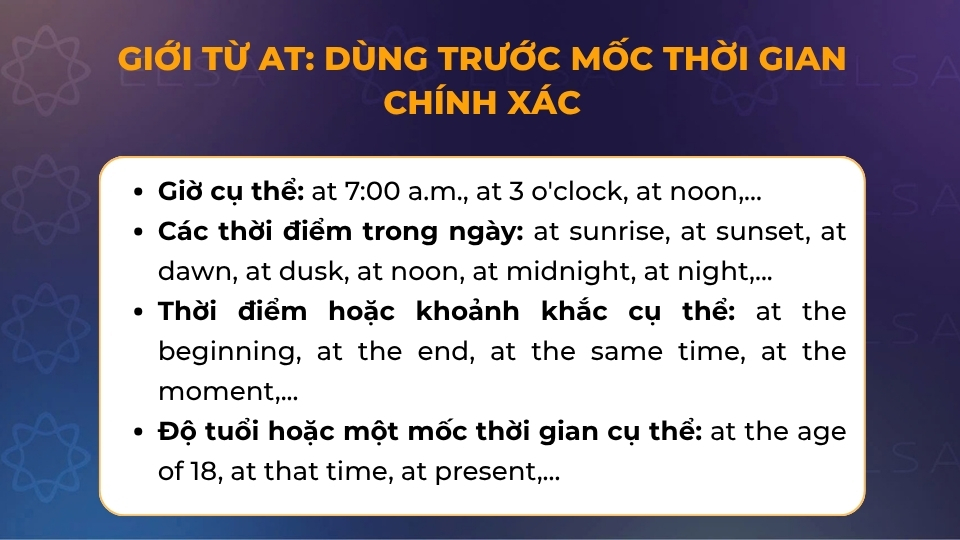Cách dùng giới từ at để chỉ thời gian
